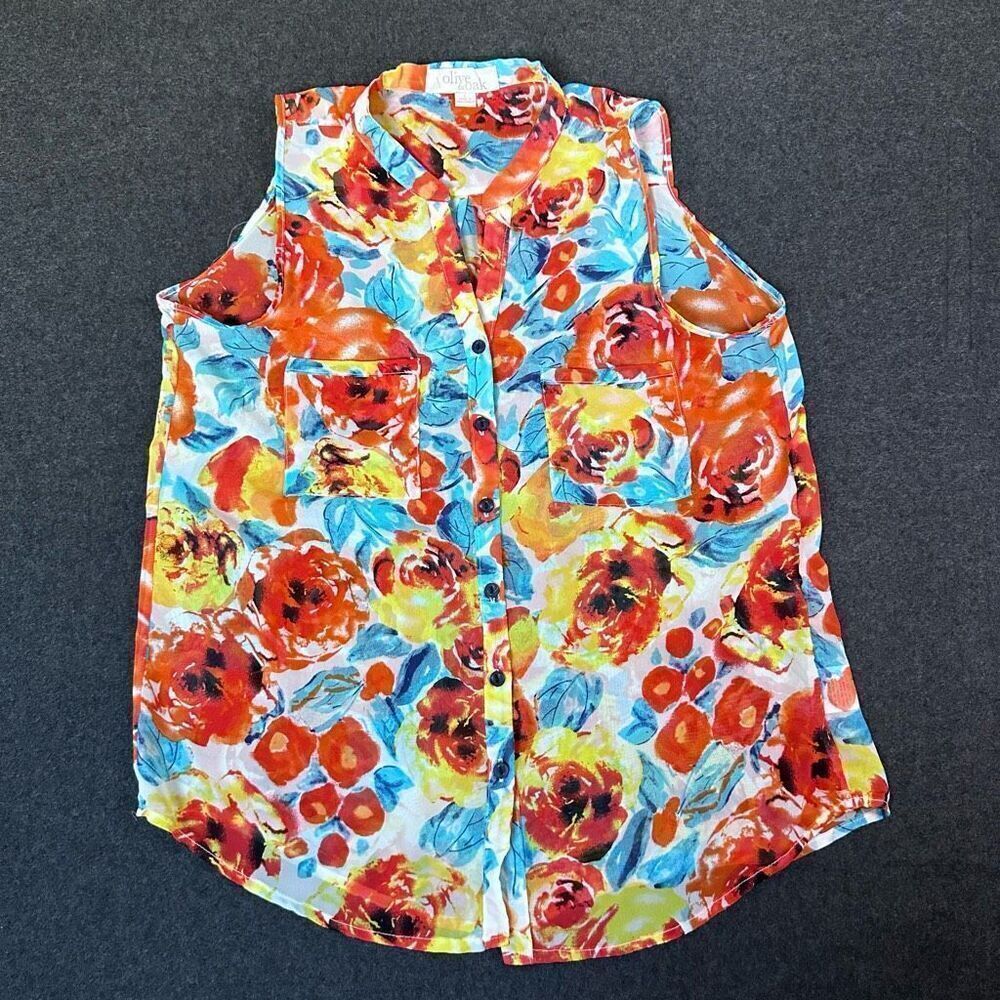 Vintage Olive & Oak Sleeveless Floral Button Up Blouse Womens L Orange Blue Y-Ne